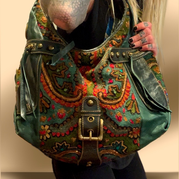 ISABELLA FIORE beaded Tapestry carpet bag LARGE Leather Boho Purse Hippie Chic - Picture 4 of 6
